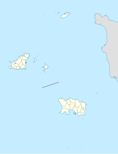 Mapa konturowa Wysp Normandzkich, blisko górnej krawiędzi nieco na lewo znajduje się punkt z opisem „Les Casquets”