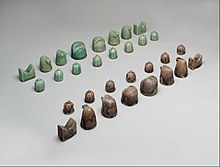 A Seljuq, shatranj (chess) set, glazed fritware, 12th century. Chess Set MET DP170393.jpg