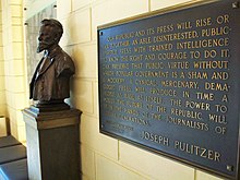 A bust of Joseph Pulitzer and plaque in the Columbia Journalism School lobby Columbia J-School01.jpg
