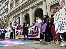 Concentración de mujeres trans en Madrid con una bandera del colectivo en el suelo (con blanco y tonos rosa y azul pastel), carteles reclamando igualdad y Mar Cambrollé, portavoz de laAsociación de Transexuales de Andalucía- Sylvia Rivera, en el centro pronunciando un discurso, a 9 de enero de 2024.