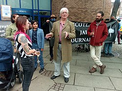 Craig Murray and his family outside St Leonard's police station Edinburgh on the day of his incarceration for contempt of court.