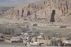 View of the rock where monasteries and Buddhas are carved