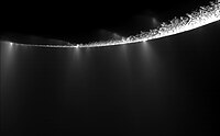 Enceladus's south pole - Geysers spray water from many locations along the 'tiger stripes' feature Enceladus geysers June 2009.jpg