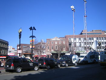 FOX news trucks in Harvard Square