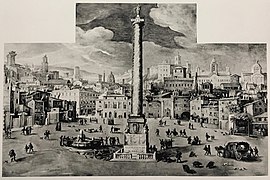 Fresco of Piazza Colonna c. 1586; at center is the Column of Marcus Aurelius (with an earlier version of the pedestal), and to the left is the piazza's fountain.