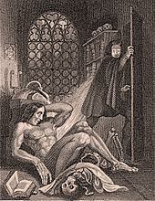 Engraving showing a naked man awaking on the floor and another man fleeing in horror. A skull and a book are next to the naked man and a window, with the moon shining through it, is in the background