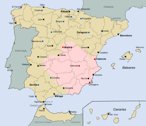 Испания през март 1939 г. Републиканската зона е в розово.