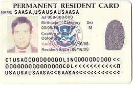 Pre-2008 permanent resident card, bearing the seal of the United States Department of Homeland Security GC Altered.JPG