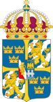 Sveriges nuvarande stora riksvapen med en kluven hjärtsköld, med Vasaättens vase, i hjärtsköldens högra fält och den nuvarande kungaätten Bernadotte (Pontecorvoss vapen samt Karlavagnen; i det vänstra.