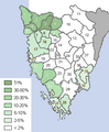 Porcentaxes de falantes nativos de italiano nos concellos do condado croata de Istria, en 2001