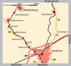 A Landshut–Rottenburg-vasútvonal útvonala