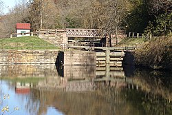 Lock 60 reflecting on the waters of the Schuylkill Canal in Mont Clare