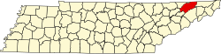 map of Tennessee highlighting Hawkins County