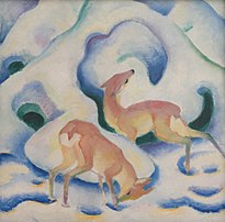 Cerfs dans la neige II (1911), huile sur toile de Franz Marc (Lenbachhaus, Munich). (définition réelle 3 577 × 3 533)