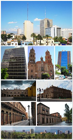 From left to right and from top to the bottom: Buildings at Avenida Carranza, Secretariat of Foreign Affairs tower, St. Louis Cathedral, National Institute of Statistics and Geography tower, Plaza de San Francisco, Museo Nacional de la Máscara, Calle Universidad, San Luis Potosí historical centre, panorama of San Luis Potosí.