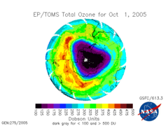 Niveles de ozono sobre el Polo Sur en octubre de 2005.