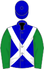 Blue, white cross-belts, green sleeves, blue cap