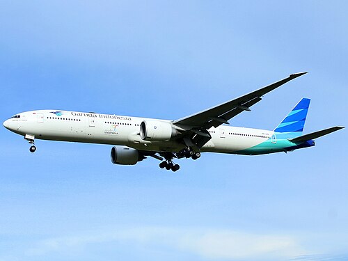 Garuda Indonesia's main workhorse, Boeing 777–300ER on final approach at Sultan Iskandar Muda International Airport, Banda Aceh, Aceh