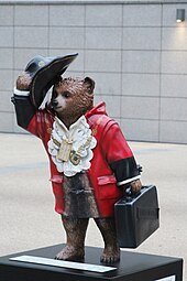 Lord Mayor of London-themed Paddington Bear statue in 2014, auctioned to raise funds for the National Society for the Prevention of Cruelty to Children (NSPCC) Paddington Bear, Canalside Plaza - geograph.org.uk - 4235879.jpg