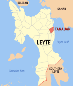 Mapa ng Leyte na nagpapakita sa lokasyon ng Tanauan.