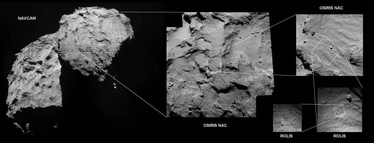 Philaes Landeort Agilkia von unterschiedlichen Imagern gesehen (NAVCAM, OSIRIS, ROLIS)