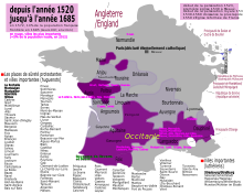 16th-century religious geopolitics on a map of modern France
.mw-parser-output .legend{page-break-inside:avoid;break-inside:avoid-column}.mw-parser-output .legend-color{display:inline-block;min-width:1.25em;height:1.25em;line-height:1.25;margin:1px 0;text-align:center;border:1px solid black;background-color:transparent;color:black}.mw-parser-output .legend-text{}
Huguenot controlled
Contested
Catholic controlled Protestant France.svg