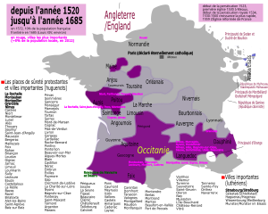 Территории, контролировавшиеся гугенотами в период гугенотских восстаний (пурпурным) на карте современной Франции