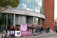 Anti-fascist protestors demonstrating against Griffin's appearance on Question Time in 2009 Protesters gathering at the BBC TV Centre 2009-10-22.jpg
