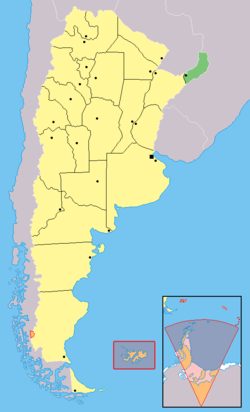 Mapa de la Argentina, donde se destaca la Provincia de Misiones. En el sector centro-oeste discurre el arroyo Cuñá-Pirú, el hábitat de esta especie.