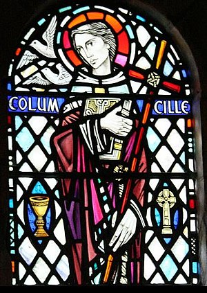 English: Stained glass window in Oban. This is...
