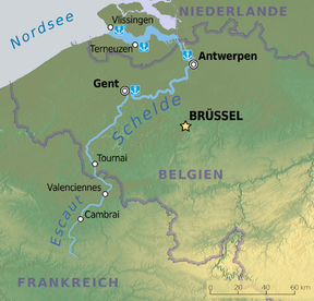 Kaart van die Schelde-bekken in Europa.