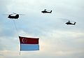 Two of 120 Sqn's AH-64D Apaches escorting a 127 Sqn's CH-47SD Chinook helicopter during the rehearsal for NDP 2006.