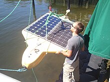 A University of South Florida researcher deploys Tavros02, a solar-powered "tweeting" AUV (SAUV). Solar auv tavros.jpg