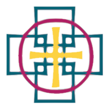 A yellow cross of equal length bars inside a red circle; both superimposed on hollow, overlapping teal squares centred on the four end points of the cross.