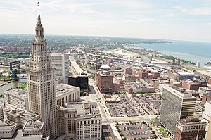 The Terminal Tower complex, with the Warehouse District and Lake Erie in the background