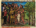 Folio 82r.: The battle with woodland men armed with clubs.