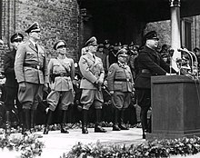 Anton Mussert, leader of the NSB, speaking at a rally in The Hague in 1941 Toespraak Anton Mussert.jpg