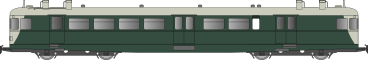 Autorail long avec caisse vert foncé et toit et extrémités de caisse crème.