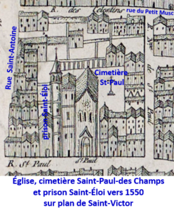 Cimetière, église Saint-Paul et grange Saint-Éloi vers 1550