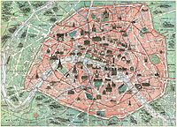 Carte des monuments et du métro de Paris. Non datée, elle correspond à l'état du réseau autour de 1932.
