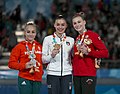Ehrung der Siegerinnen im Gerätefinal am Sprung (von links nach rechts): Csenge Bácskay (Silber), Giorgia Villa (Gold), Emma Spence (Bronze)