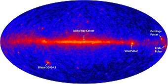 Himmelsdurchmusterung mithilfe des Fermi Gamma-ray Space Telescope: Markant halbrechts der Vela-Pulsar