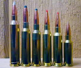 Сравнение патронов калибра 6,5 мм слева направо: .264 Winchester Magnum, 6.5×55mm Swedish, 6.5×52mm Carcano, .260 Remington, 6.5mm Creedmoor, 6,5 × 39 мм Grendel