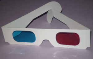 Paper glasses for viewing Anaglyphs.