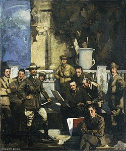 Australian official war artists, 1916-1918 (1920). De gauche à droite : George Bell, John Longstaff, Charles Bryant, George Washington Lambert, Albert Henry Fullwood, James Quinn, Harold Septimus Power, Arthur Streeton et assis : Will Dyson, Fred Leist