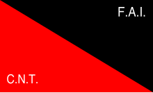 Flag of the CNT-FAI, an anarcho-syndicalist organisation which the Irish anarchist Jack White supported during the Spanish Civil War. Bandera CNT-FAI.svg