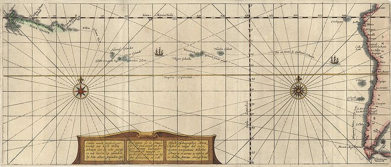 Kaart met de route van Jacob le Maire en Willem Schouten en de reis van Patagonië tot Ternate