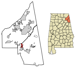 Location of Sand Rock in Cherokee County and DeKalb County, Alabama.