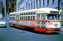 An electric PCC streetcar in Detroit, 1953 Detroitwoodward&atwater1953.jpg