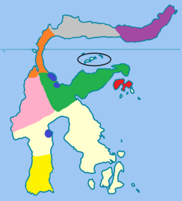 Мапа поширення різних видів довгоп'ятів на Сулавесі: ареал T. supriatnai позначено сірим.
